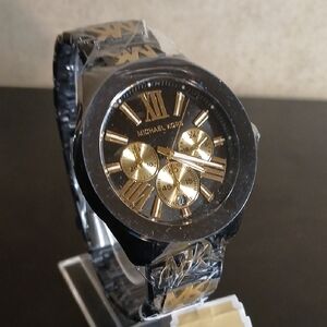 Michael Kors Black and Gold Chronograph MK Initials Womens Watch